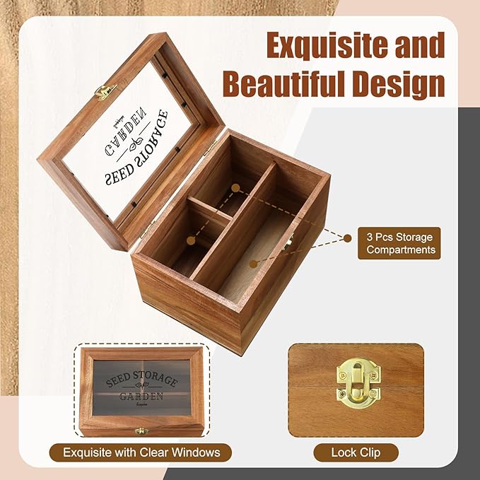 Seed Storage Box Seed Packet Organizer with Lid Seed Container with 100 Plant Labels 50 Envelopes 2 Marker Pens 3 Compartments Garden Seed Bin with Locks for Seed Saver Garden Lover