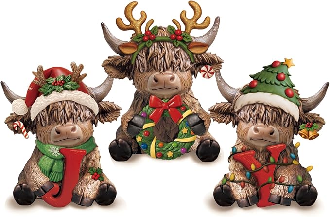 Karenhi 3 Pcs Joy Christmas Highland Cow Figurines Xmas Highland Cow Gnomes Herd Scottish Resin Statue Calf Lovers Gifts for Home Garden Kitchen Office Tiered Tray Table Decor