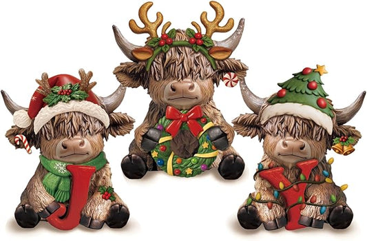 Karenhi 3 Pcs Joy Christmas Highland Cow Figurines Xmas Highland Cow Gnomes Herd Scottish Resin Statue Calf Lovers Gifts for Home Garden Kitchen Office Tiered Tray Table Decor