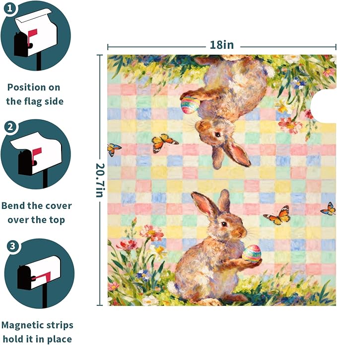 Spring Easter Plaid Mailbox Covers Magnetic Standard Size Bunny Rabbit Floral Flower Butterfly Holiday Outdoor Seasonal Decorative Letter Box Cases for Home Garden Outside Decor, 21x18 Inch