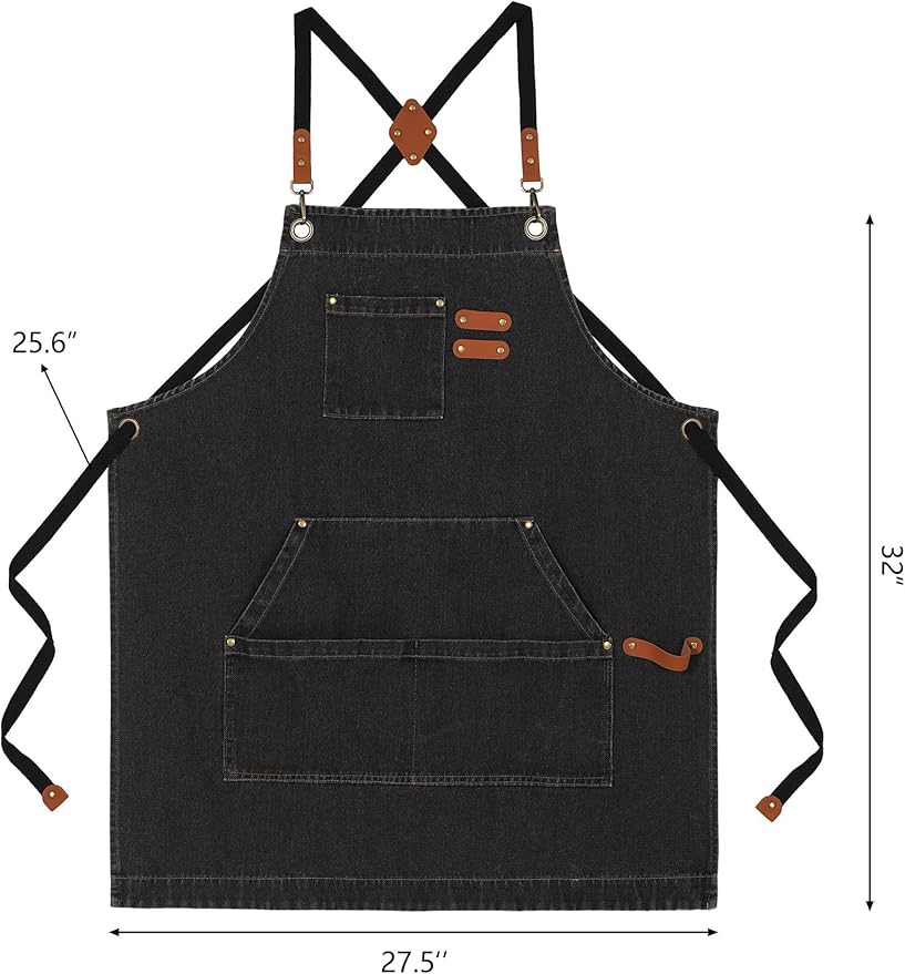 Denim Bbq Apron for Men Women with Pockets Adjustable Cross Back Chef Aprons for Kitchen Cooking Grilling Working