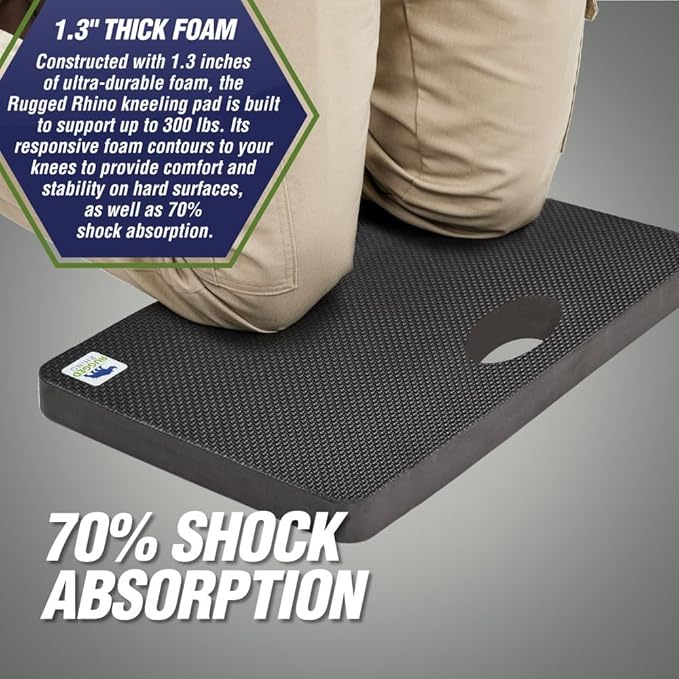 Rugged Rhino Heavy Duty Patent Pending Kneeling Pad, 2 PK, Shock Absorbent Thick Knee Pads, Holds Up to 300 lbs, Protect Knees from Hard Concrete Surfaces, for Mechanics, Gardening, Gym, Onyx Black
