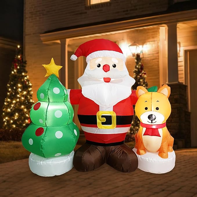 5FT Christmas Inflatable Santa Set with Dog & Tree Blow up Lighted Yard Decoration Suitable for Christmas Indoor Outdoor Xmas Yard Party Holiday Garden Decor