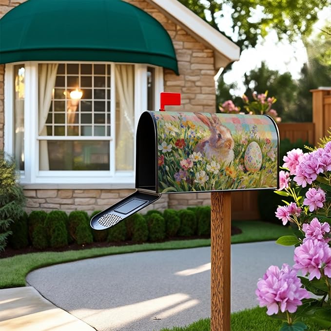 Spring Easter Bunny Floral Large Mailbox Covers Magnetic Oversized Pastel Pink Plaid Rabbit Flower Egg Holiday Outdoor Seasonal Decorative Letter Box Cases for Home Garden Outside Decor, 25.5x21 Inch