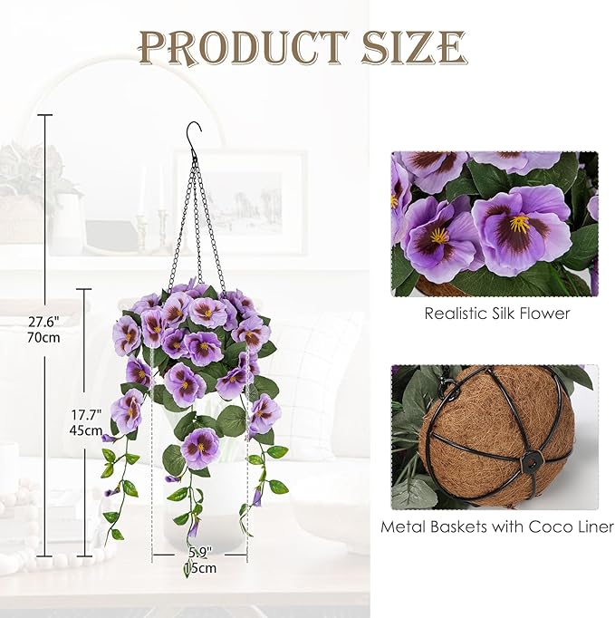 Briful Artificial Hanging Basket Outdoor Light Purple Pansy Fake Flowers Realistic Silk Fall Bloom Faux Flowers Coconut Basket for Home Decor Indoor Farmhouse Balcony Patio Garden