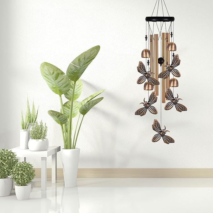Bronze Bee Wind Chime, Gifts for Mom, Home, Garden, Balconies, Room, Patio, Indoor, Outdoor Bee Decoration, Bee Chimes, with 4 Aluminum Tubes 5 Bees Wind Chimes, Bee Wind Catcher, Bee Wind Bells Decor