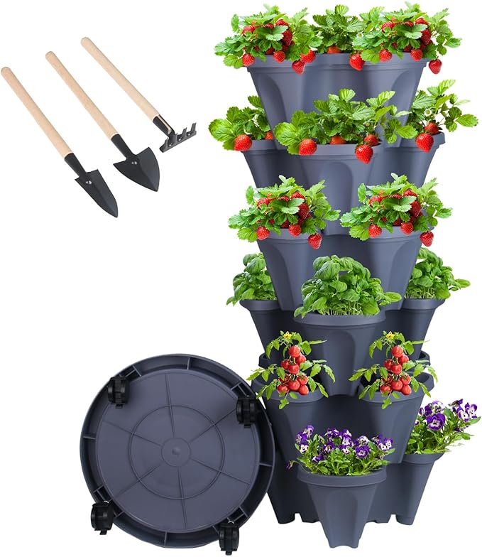 GameXcel Vertical Planter 6 Tier Stackable Planters Garden Planters Strawberry Herb Flower and Vegetable Planter Indoor Outdoor Gardening Pots with Removable Wheels and Tools
