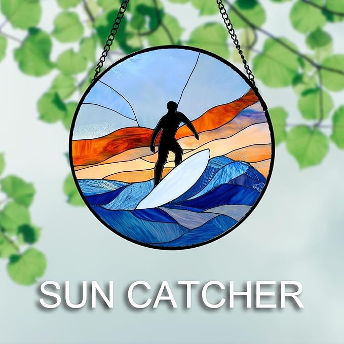 Stained Glass Window Hanging 4 Pcs Set Blue Ocean Surfing Beach Large 11.8" - Suncatcher Door Garden Sun Catcher Decor Birthday Mother's Day for Firefighte Men Woman Nana Mom