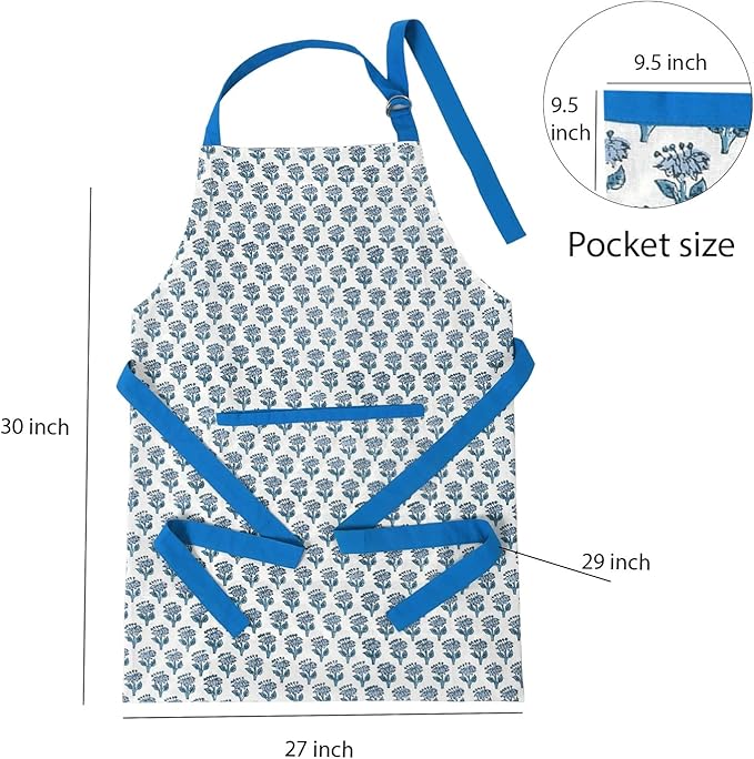 CPC Cotton Floral Kitchen Apron for women with Pocket and Adjustable Neck Ties. Apron for Women Men Chef-Hand Block Printed