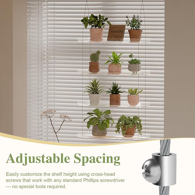 4-Tier Acrylic Window Plant Shelf, 16 Inch Wide Adjustable Hanging Shelf for Succulents, Seed Starters, Herbs, Microgreens