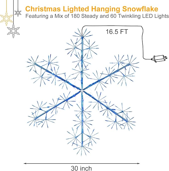 Hanging Christmas Snowflake Lights, 30’’ Large Blue Snowflake with 240 Blue LEDs Twinkle for Indoor Outdoor Decorations