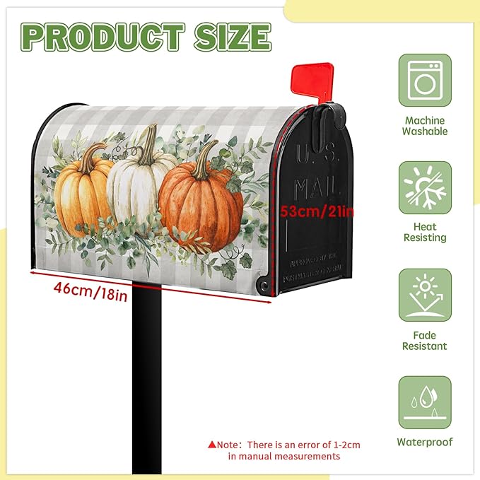 Pumpkin Mailbox Cover Harvest Fall Mailbox Covers Magnetic Standard Size 21x18 inch Green Eucalyptus Leaf Mail Box Covers Pumpkins Decorative Mailboxes for Outside Garden Buffalo Plaid