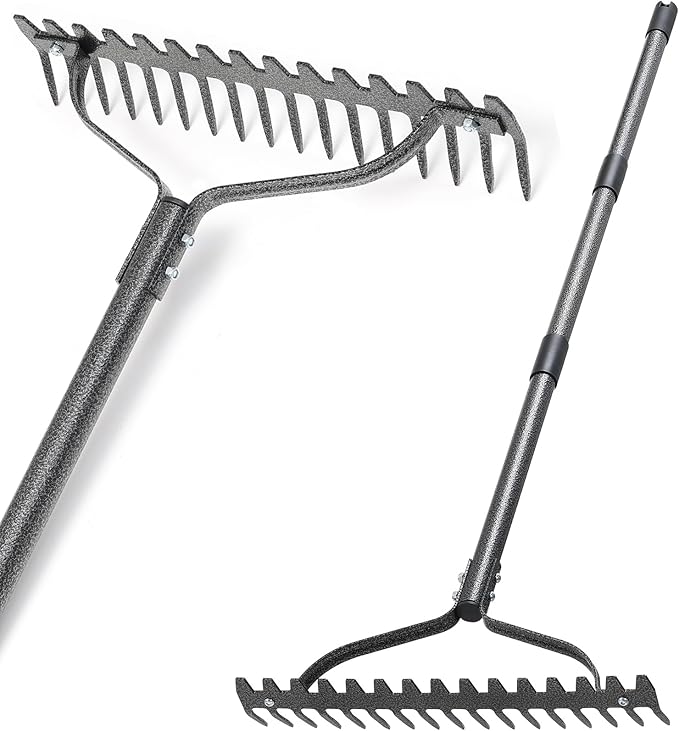 Thatch Rake, 49" Heavy Duty Metal Lawn Leveling Rake with 17 Tines, Garden Tool with Adjustable Long Handle for Looseing Soil, Weede Control