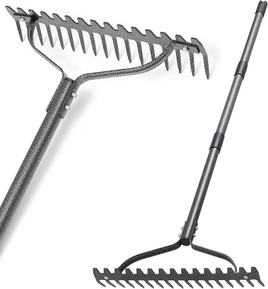 Thatch Rake, 49" Heavy Duty Metal Lawn Leveling Rake with 17 Tines, Garden Tool with Adjustable Long Handle for Looseing Soil, Weede Control