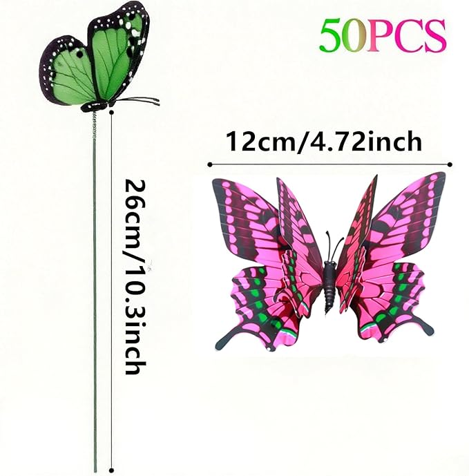 4.8inch Large Double-Layer Artificial Butterfly Flowers, 50pcs Butterfly Garden Stakes,not Afraid of Sun Exposure and rain, Suitable for Outdoor courtyards, Balcony Plants, Festival Decorations