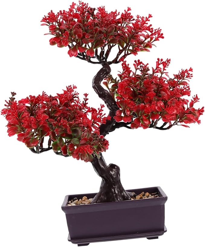 Cabilock Artificial Bonsai Tree, Fake Potted Bonsai Plants Decoration, Desktop Realistic Welcoming Pine Ornament for Home Office Entryway Chests Decor, Red