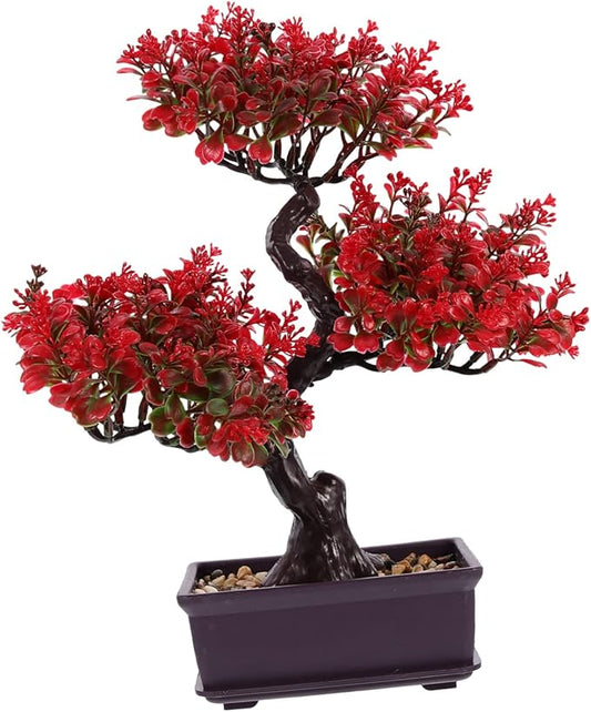 Cabilock Artificial Bonsai Tree, Fake Potted Bonsai Plants Decoration, Desktop Realistic Welcoming Pine Ornament for Home Office Entryway Chests Decor, Red