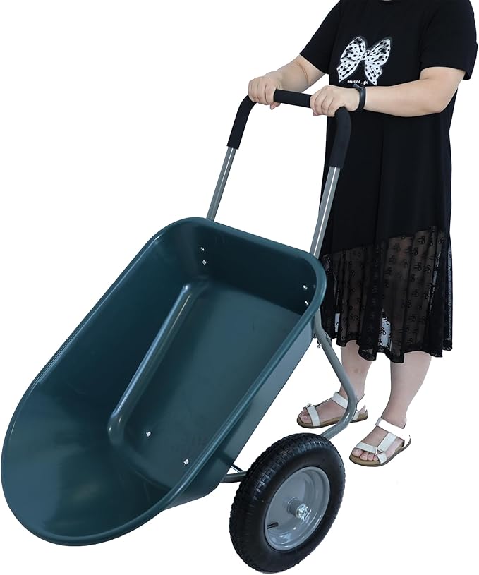 Red Metal Wheelbarrow, Easy Loading and Dumping Garden Cart with Steel Tray, Durable Heavy Duty Utility Trolley for Transporting, Soil, Sand (Green, 15 inch Inflation 2 Wheels)