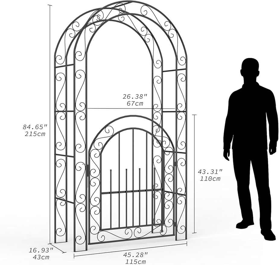 84" Garden Arch Arbor with Gate, Metal Arch Trellis, Garden Archway for Climbing Vines, Wedding Ceremony Decoration, Flourishes & Arrow Tips, Black