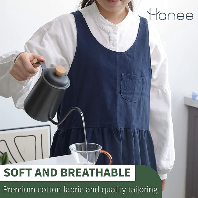 HANEE Cross Back Aprons for Women with Pockets | Japanese Style Cotton Apron | Cute Pinafore Smock for Kitchen etc (6 Colors)