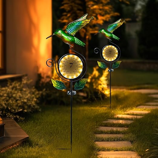HONGLAND Outdoor Thermometer with Solar & Warm LED Lights, Metal Hummingbird Temperature Stake for Garden, Lawn, Patio, Waterproof Yard Decor