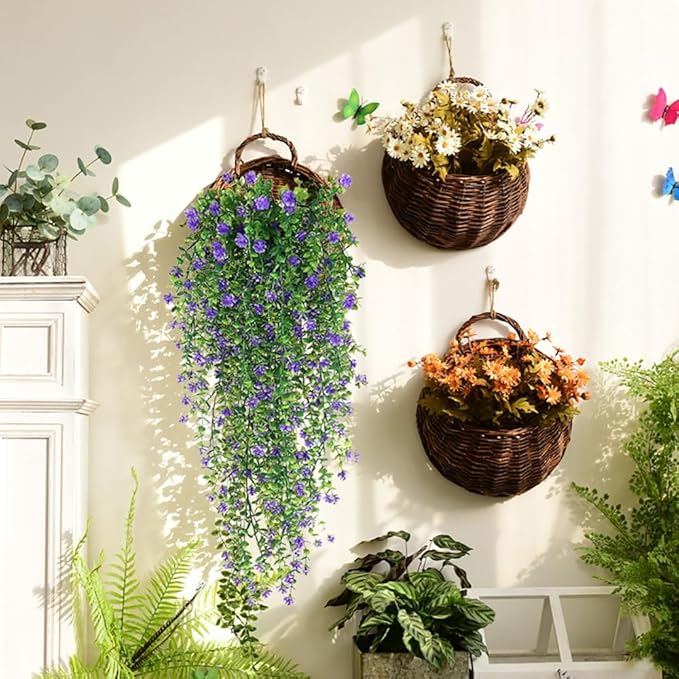 WEISPARK Artificial Hanging Flowers, 9pcs Fake Eucalyptus Vine Faux Flower Greenery Garland Plastic Plants for Indoor Outdoor Wall Garden Wedding Home Party Decor (9pcs Purple)