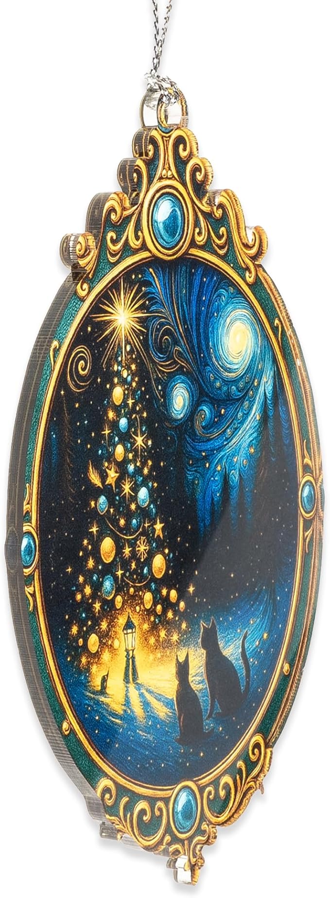 Cat Christmas Ornament – Black Cat Gifts – Starry Night Decor – Holiday Pet Lovers Ornament – Christmas Tree Ornament – Suncatcher Effect Stained Glass Window Hanging – Car Hanging