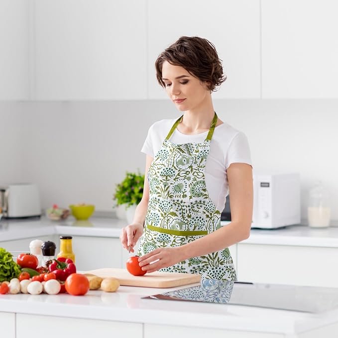 CPC Cotton Floral Kitchen Apron for women with Pocket and Adjustable Neck Ties. Apron for Women Men Chef-Hand Block Printed