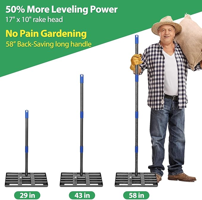 Lawn Leveling Rake, Heavy Duty Lawn Leveler with 17" x 10" Rakes Head Plate No Flipping, Smooth Garss Topsoil Dirt Sand, Metal Ground Leveling Tool with 5 ft Long Handle for Yard Garden Golf Course