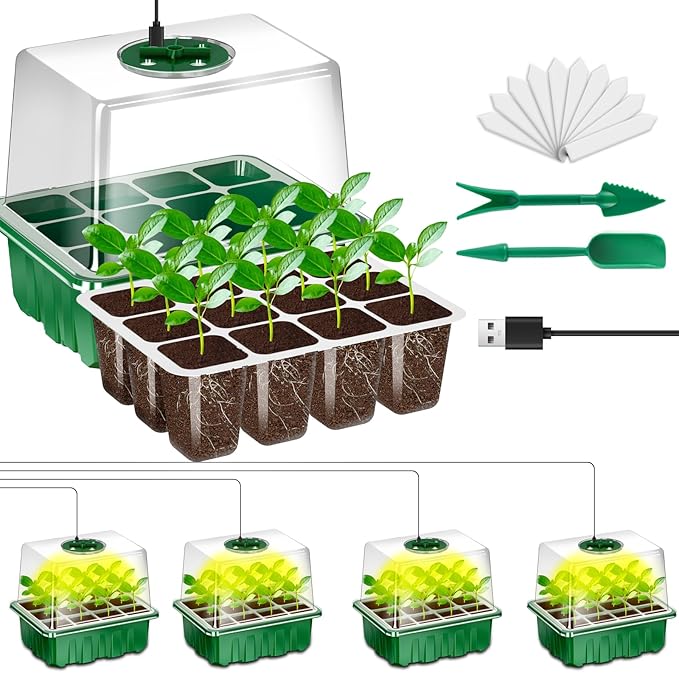 Seed Starter Tray with Grow Light, 5 Pack/60 Cells Seed Starter Kit, Seedling Starter Trays with Dome, Heightened Lids for Greenhouse Seeding Planting Growing (Green).