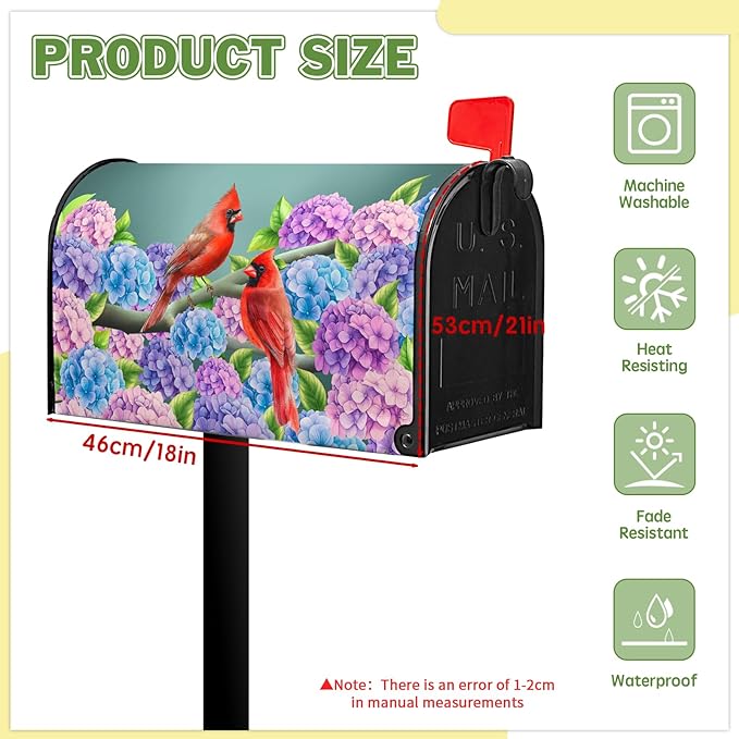 Summer Hydrangea Mailbox Cover Spring Cardinal Bird Mailbox Covers Magnetic Standard Size 21x18 in Blue Purple Floral Post Letter Box Cover Wrap for Home Farmhouse Garden Decor