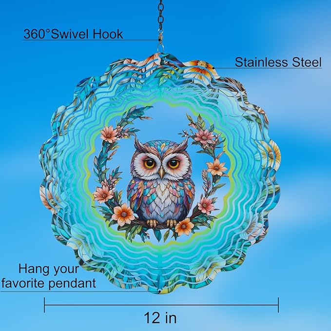 Metal Wind Spinners for Outdoor,Birthday Gifts for Women Mom Grandma, 12 Inch Owl Wind Spinner Bird Devices Deterrent to Scare Birds Away from Yard Patio Farm, Kinetic Sculpture Garden Decor