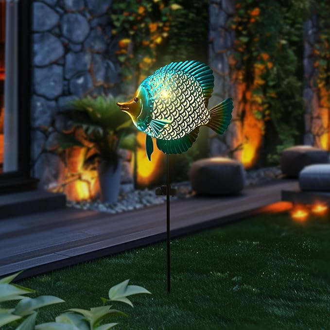HONGLAND Solar Pathway Lights, Outdoor Solar Powered Garden Lights with Warm Yellow LED, Metal Fish Design Stake for Lawn, Yard, Patio and Landscape Decoration (Waterproof)