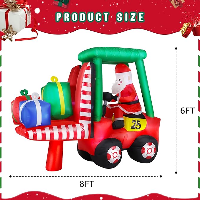 8FT Long Christmas Inflatables Decorations, Outdoor Santa Forklift Truck Decoration, Giant Blow Up with with Built-in LED Lights for Yard Garden Lawn Holiday Decor