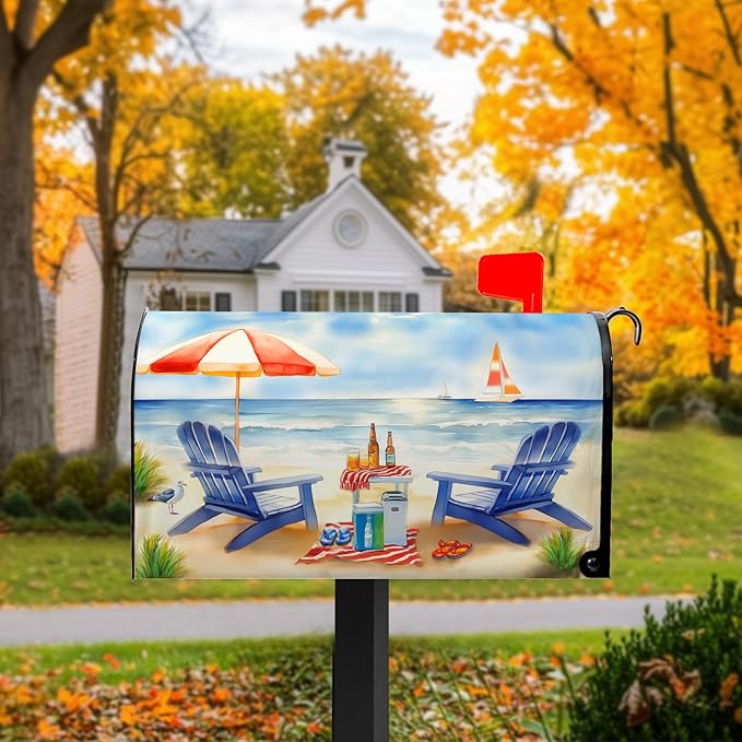 Summer Mailbox Covers Magnetic Beach Mailbox Cover Ocean View Mail Box Covers Sun Umbrella Post Letter Box Wraps Standard Size 21x18 inch Blue Chair Decorations for Outside Garden Yard