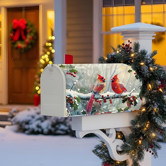 Cardinal Red Birds Mailbox Covers Magnetic, Winter Snow Mailbox Covers Standard Size 18"X21", Christmas Post Letter Box Cover Yard Outdoor Garden Decor