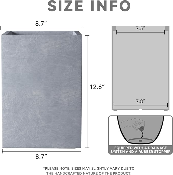 Kante 12.6" H Tall Rectangular Concrete Planters, Outdoor Indoor Lightweight Plant Pots with Drainage Hole and Rubber Plug, Modern Style for Home Garden Patio, Slate Gray