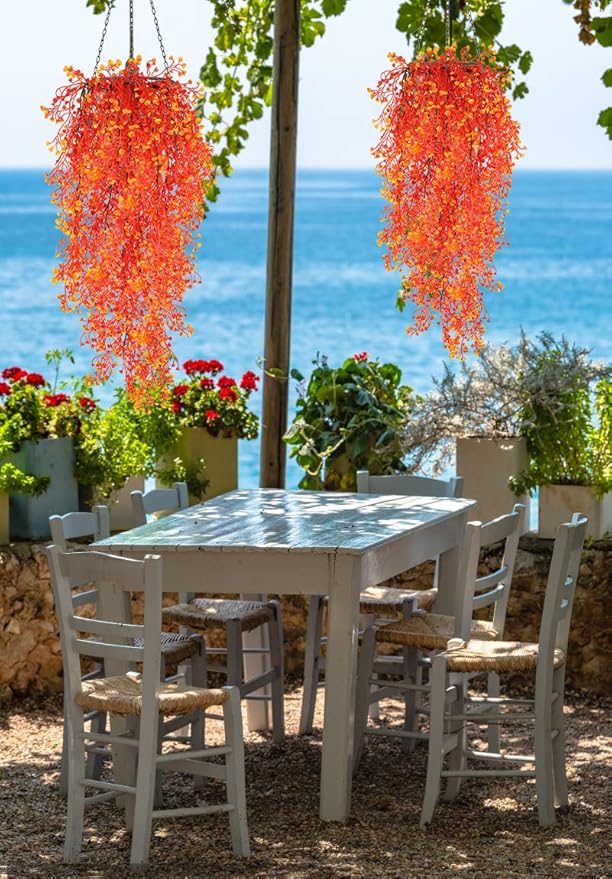RECUTMS 4 Pcs Artificial Hanging Plants Fall Decor Faux Hanging Plants Artificial Plants UV Resistant Fake for Indoor Outdoors Fake Plants for Patio Garden Party Wedding Decor(Orange)