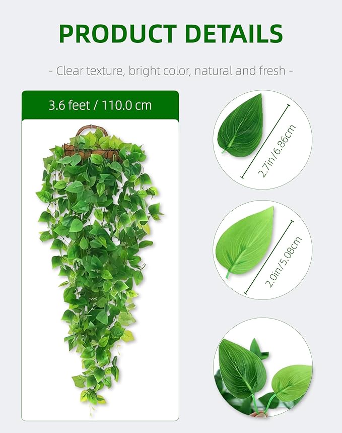 2 Pack Artificial Hanging Ivy Plants (3.6ft) - Fake Vine Greenery for Indoor/Outdoor Decor, Wedding & Photography - No Basket Included