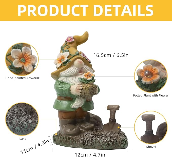 Garden Solar Gnomes Outdoor Statues with Flower Pot Gnome Outdoor Decor for Patio, Balcony, Lawn, Yard Ornament - Garden Gifts for Mothers Day, Housewarming, Festival