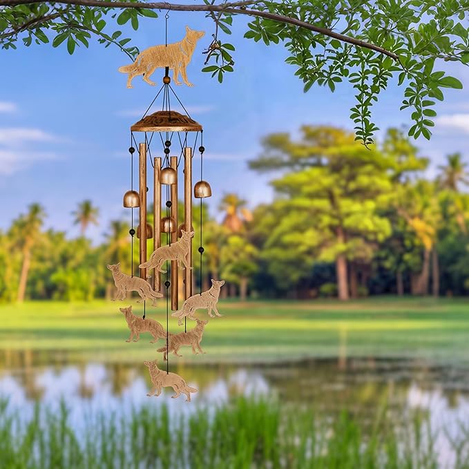 German Shepherd Wind Chimes for Outside, Metal Windchimes Outdoors, Shepherd Gifts for Women/Men, Memorial/Birthday Gifts, Garden Decor for Outside, Patio or Yard, Durable Chimes for Outdoors