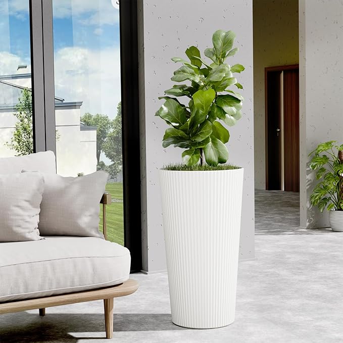 Tall Outdoor Planter Front Porch Decor Set of 2-23.6" H Tall Planters for Outdoor Plants with Drainage Hole, Round Conical Design Flower Pots for Indoor/Patio/Garden, White