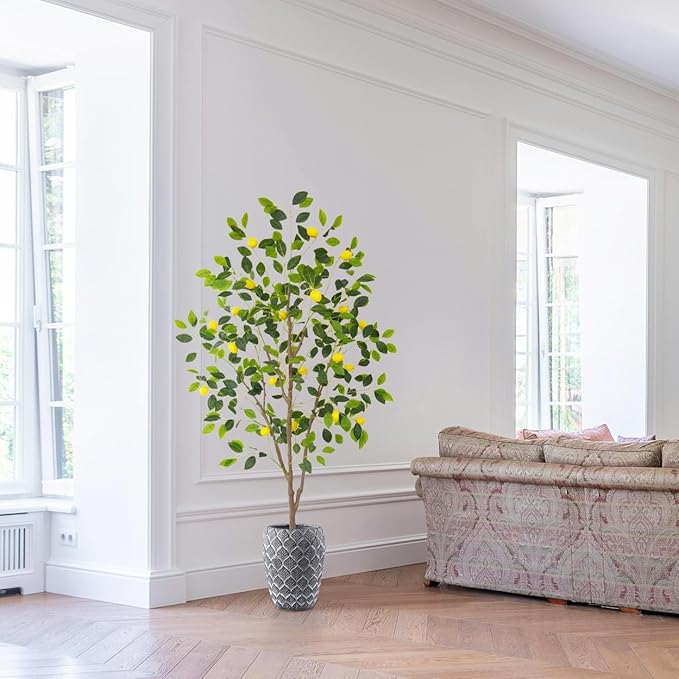 Artificial Lemon Tree, 6ft Tall Floor Faux Lemon Plastic Plant with White Planter, Fake Lemon Fruit Silk Tree for Indoor Home Decor Office Living Room