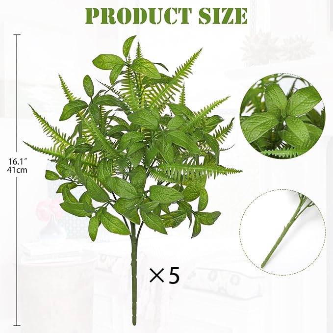 Artificial Fern Mint Leaves Stems Mix Plants 5pcs Realistic UV Resistant Fake Greenery Plants and Branches for Decor Home Indoor Outdoor Garden