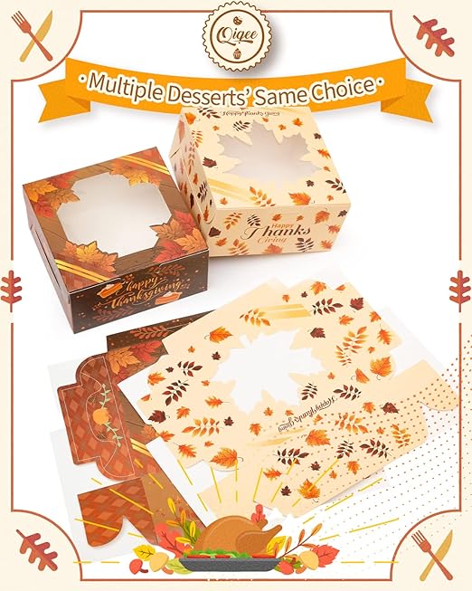 qiqee Thanksgiving Bakery Box with Window 60packs 6x6x3 Gold Leaves Cookie Boxes Pastry Box for Thanksgiving Day