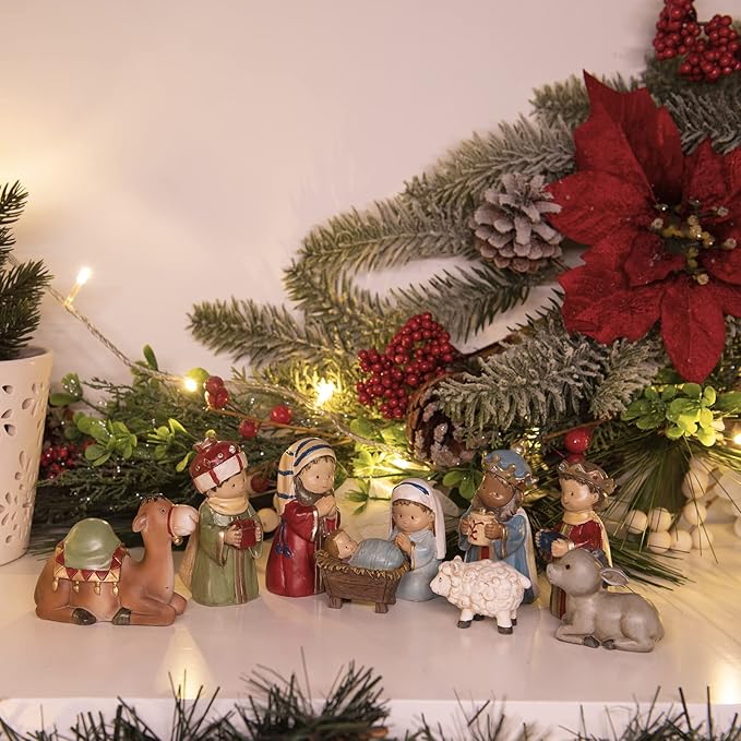 Nativity-Set Christmas-Decorations Indoor Figurines Decor - Hand-Painted Nativity Scene 9 Pieces Neman House Studio