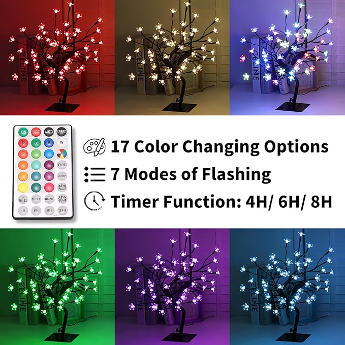 RGBW Cherry Blossom Tree Lights,LED Artificial Flower Bonsai Tree，16.2Inch Table Top Lamp 48 Multicolor Lights，Night Lights Lighted Artificial Twig Tree for Xmas Indoor Desktop Home Decor