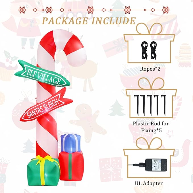 MUMTOP 9 Ft Tall Christmas Inflatables Outdoor Decorations, Inflatables Candy Cane with Road Sign Blow up Merry Christmas Bag Yard Decoration Built-in LED Lights for Outdoor Party Holiday Decor