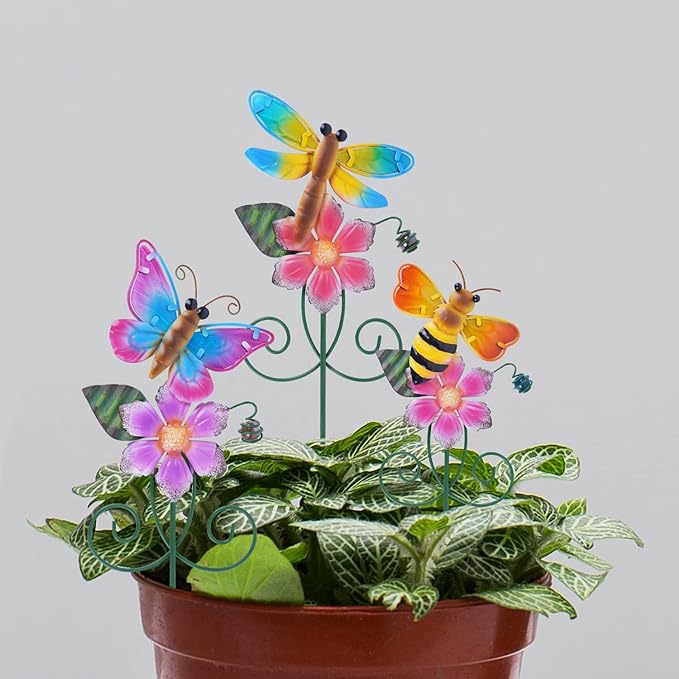 Topadorn Floral Garden Stakes Outdoor Plant Pick Waterproof Metal Flower Garden Stakes for Lawn Yard Patio,Pathway and Planter Pot Decor,Set of 3,Bee,Butterfly and Dragonfly