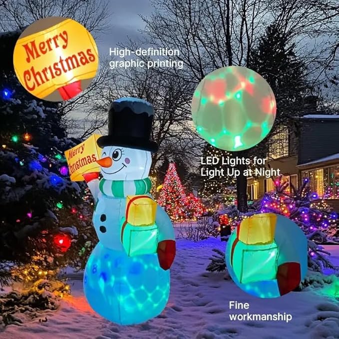 BeBecome 6ft Light-Up Inflatable Snowman Outdoor Christmas Decoration with Merry Christmas Sign, All-Weather Blow Up Yard Decor for Holiday Lawn